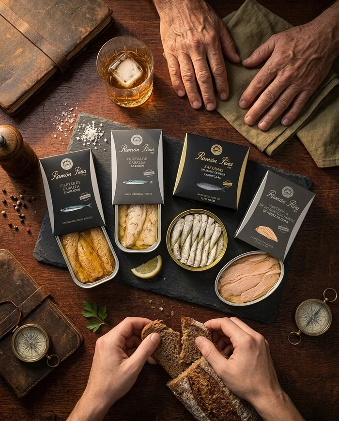 A selection of premium Ramon Peña preserved seafood displayed on a dark wooden table
